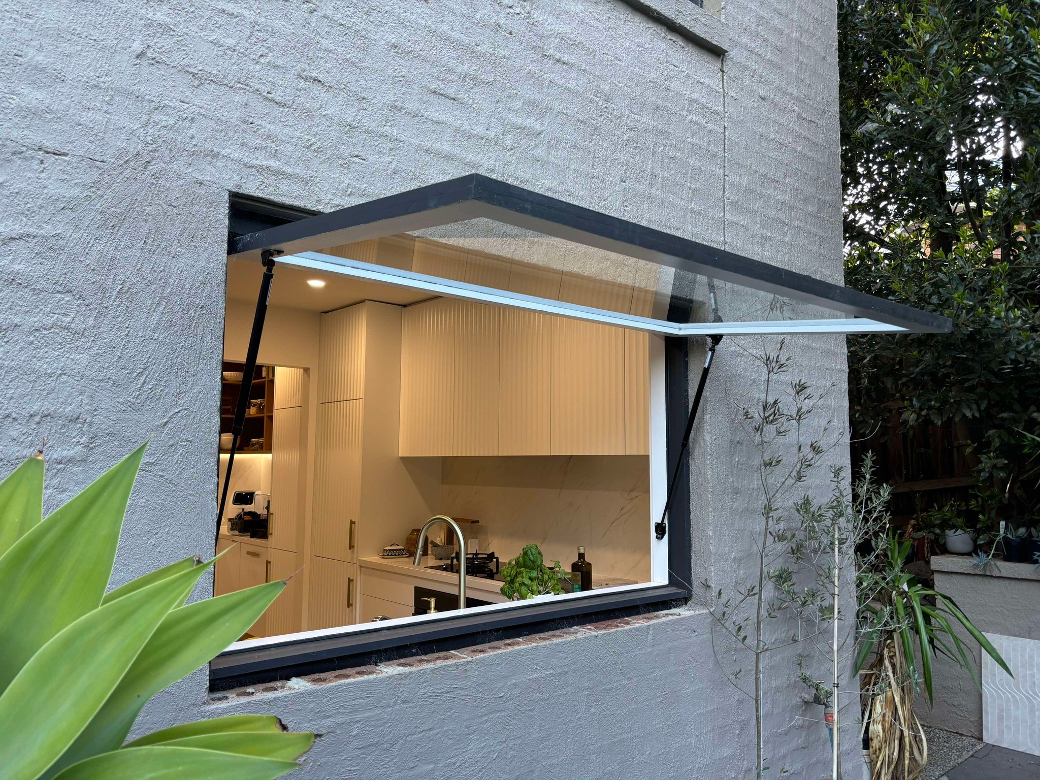 Custom timber kitchen servery window by FHP Joinery